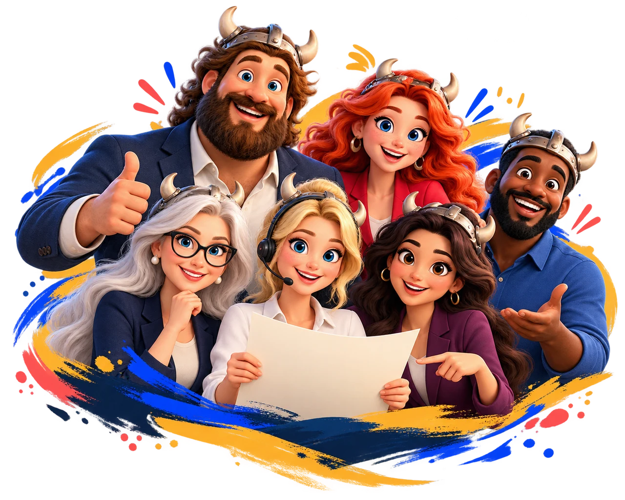 A friendly crew of six Viking business experts gathered around a plan, in navy, red and blue.