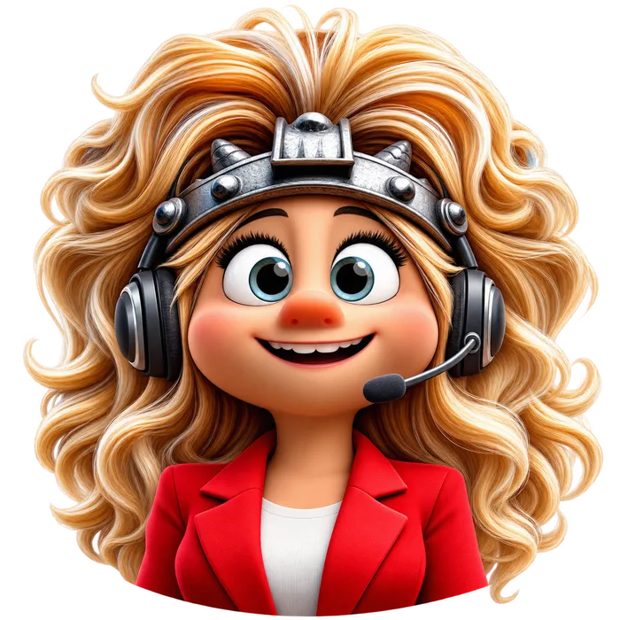 Any Guru's cheerful illustrated AI receptionist wearing a headset and a Viking helmet