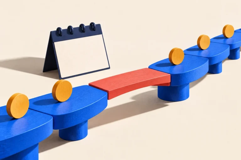 Amber wooden coins cross a blue modular bridge with a coral plank spanning a gap, beside a blank navy calendar.